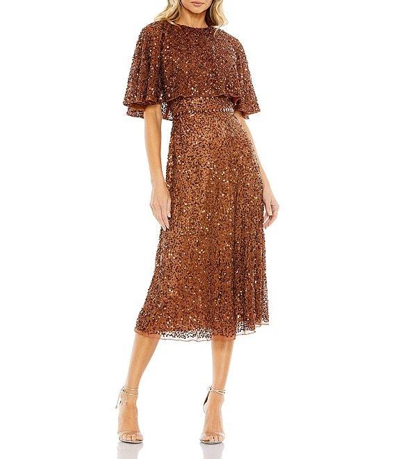 Mac Duggal Sequin Crew Neck Short Sleeve Cape Back Midi Dress Product Image