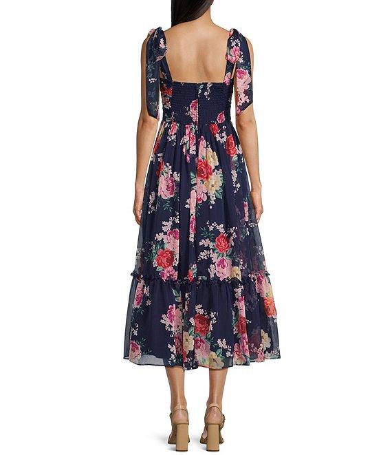 B. Darlin Floral Printed Tie Shoulder Shirred Bust Ruffle Midi Dress Product Image