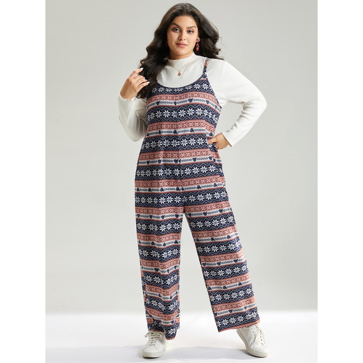 Plus Size DarkBlue Snowflake Graphic Pocket Overall Cami Jumpsuit Women Elegant Sleeveless Spaghetti Strap Dailywear Loose Jumpsuits BloomChic 10/M Product Image