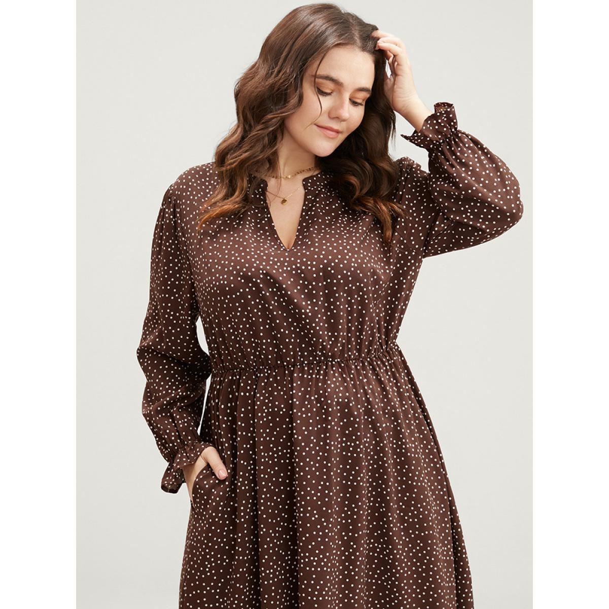 Plus Size Polka Dot Pocket Lantern Sleeve Flutter Hem Dress DarkBrown Women Elegant Pocket V-neck Long Sleeve Curvy Midi Dress BloomChic 14-16/1X Product Image