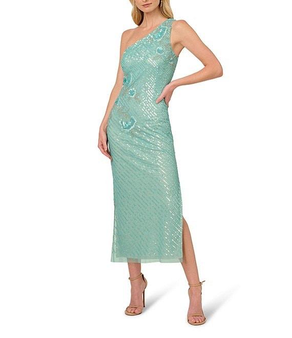 Adrianna Papell Beaded Mesh Floral One Shoulder Neck Sleeveless Sheath Midi Dress Product Image