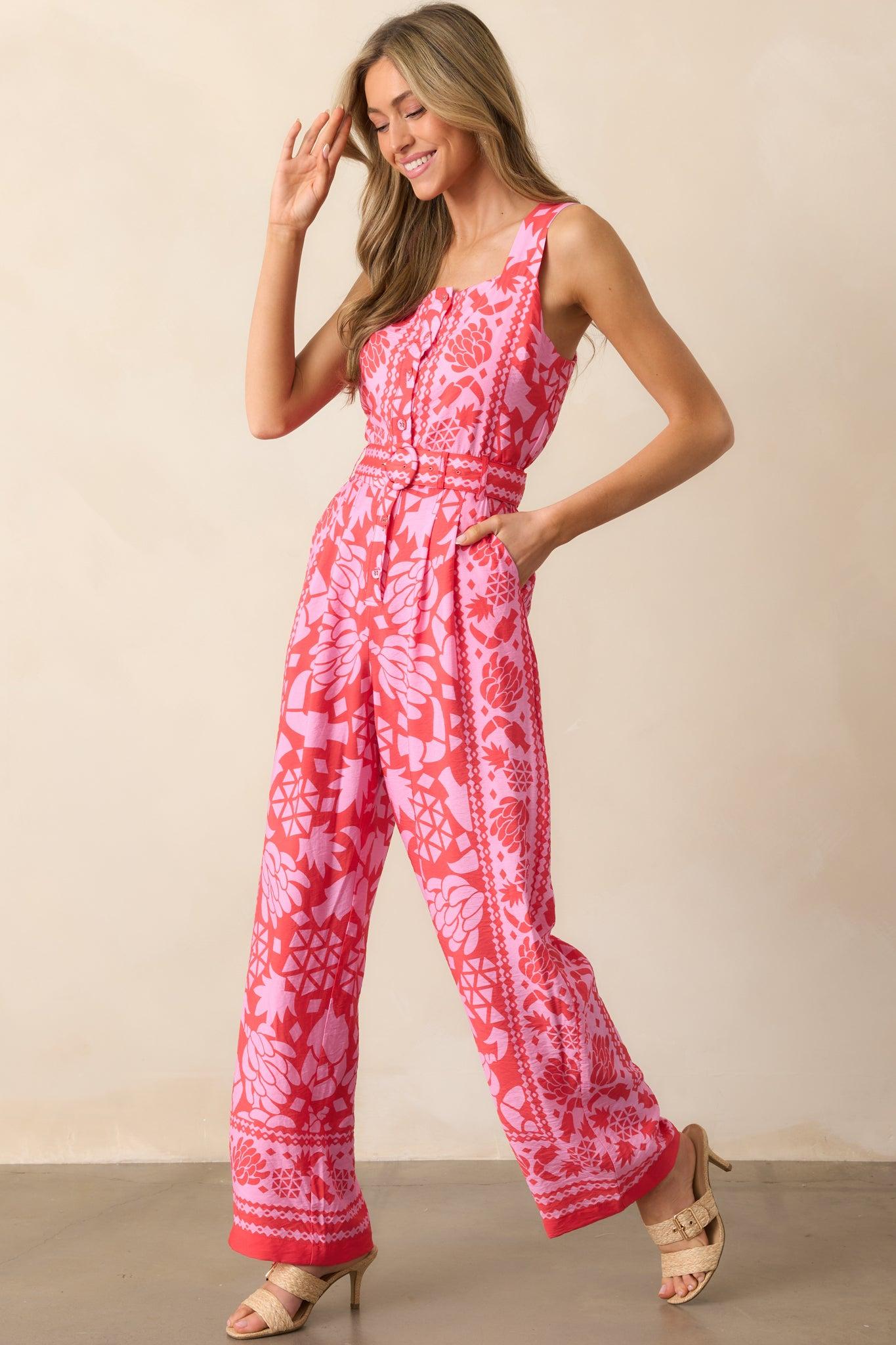 Take The Leap Coral Pink Floral Button Front Belted Jumpsuit Product Image