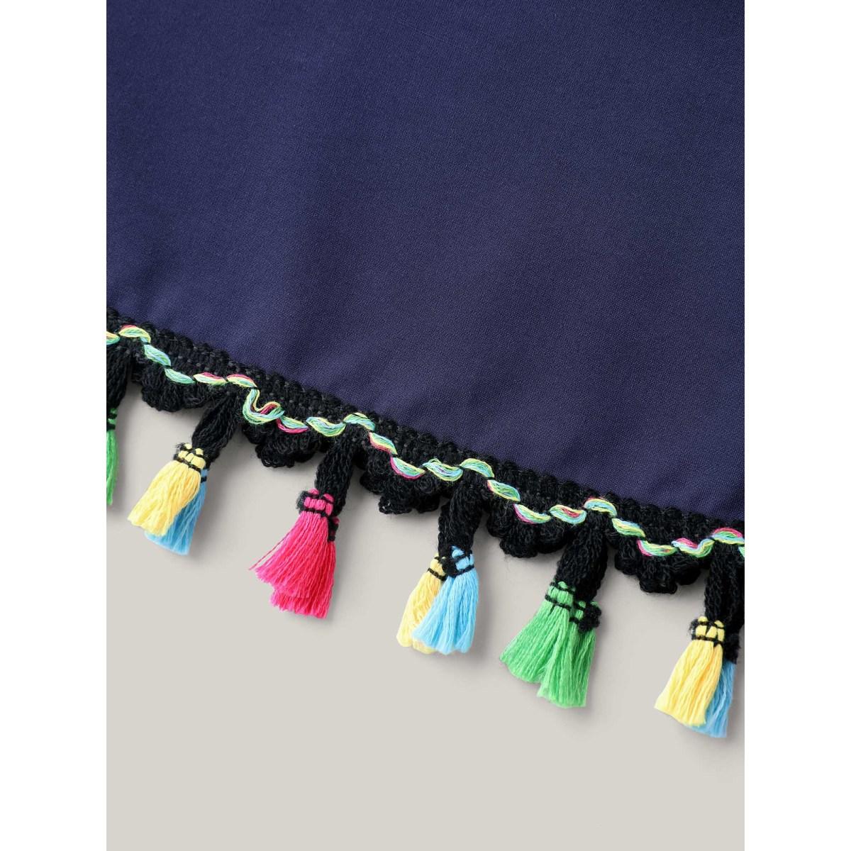 Plus Size Rayon Colorful Tassels Stretchy Waist Midi Dress Navy Women V-neck Short sleeve Curvy BloomChic 14-16/1X Product Image