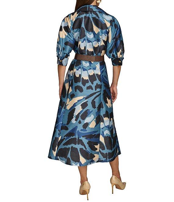 Donna Karan Collared Puff Elbow Sleeve Belted Dupioni A-Line Midi Dress Product Image