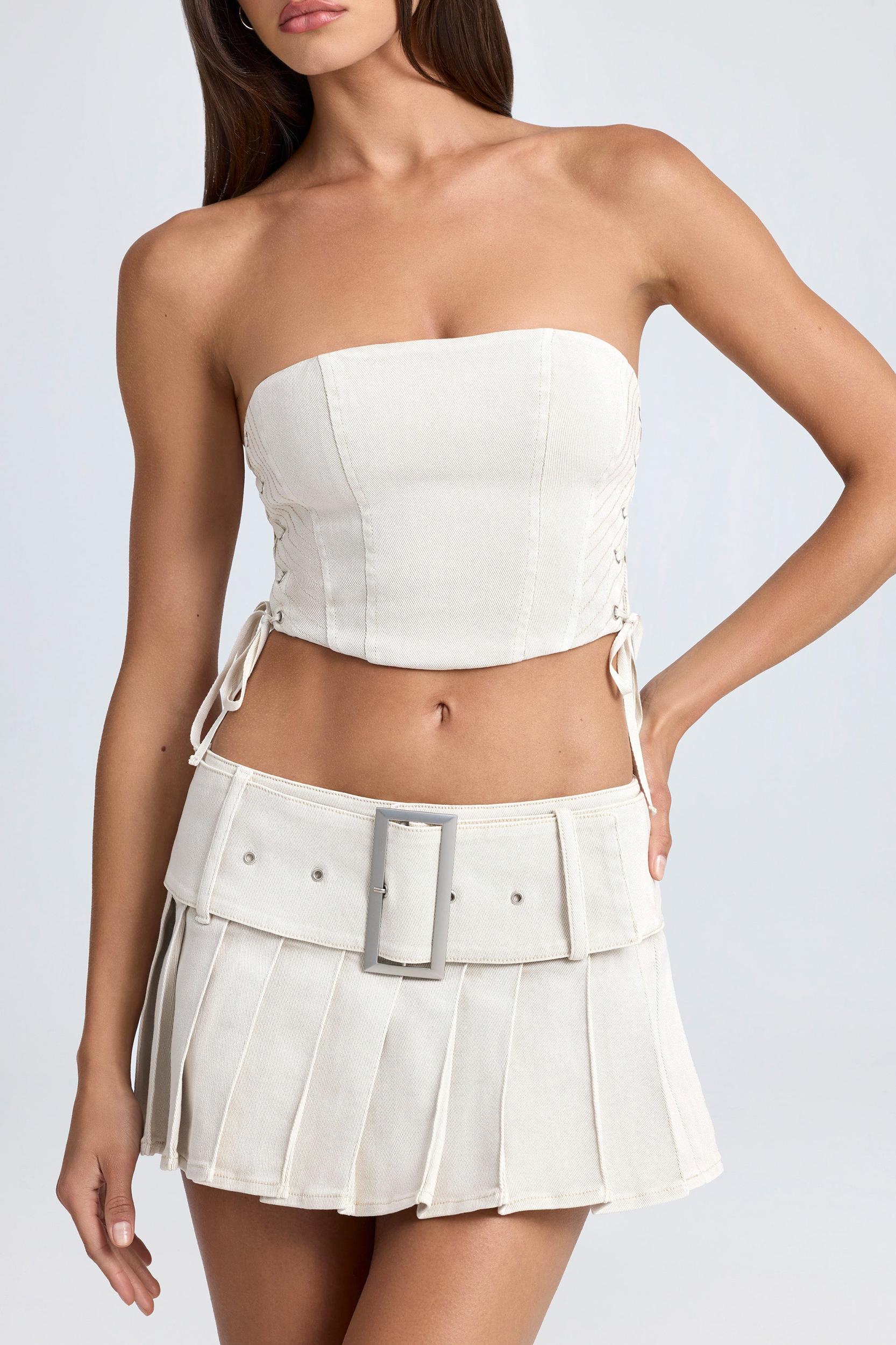 Belted Pleated Low-Rise Micro Mini Skirt in Ecru Product Image