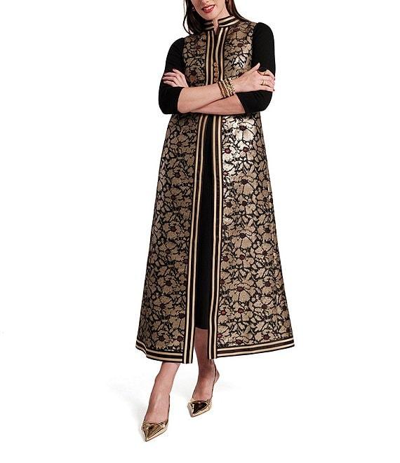 FRANCES VALENTINE Susie Winter Anemone Floral Metallic Jacquard Mandarin Collar Sleeveless Jacket Vest Product Image