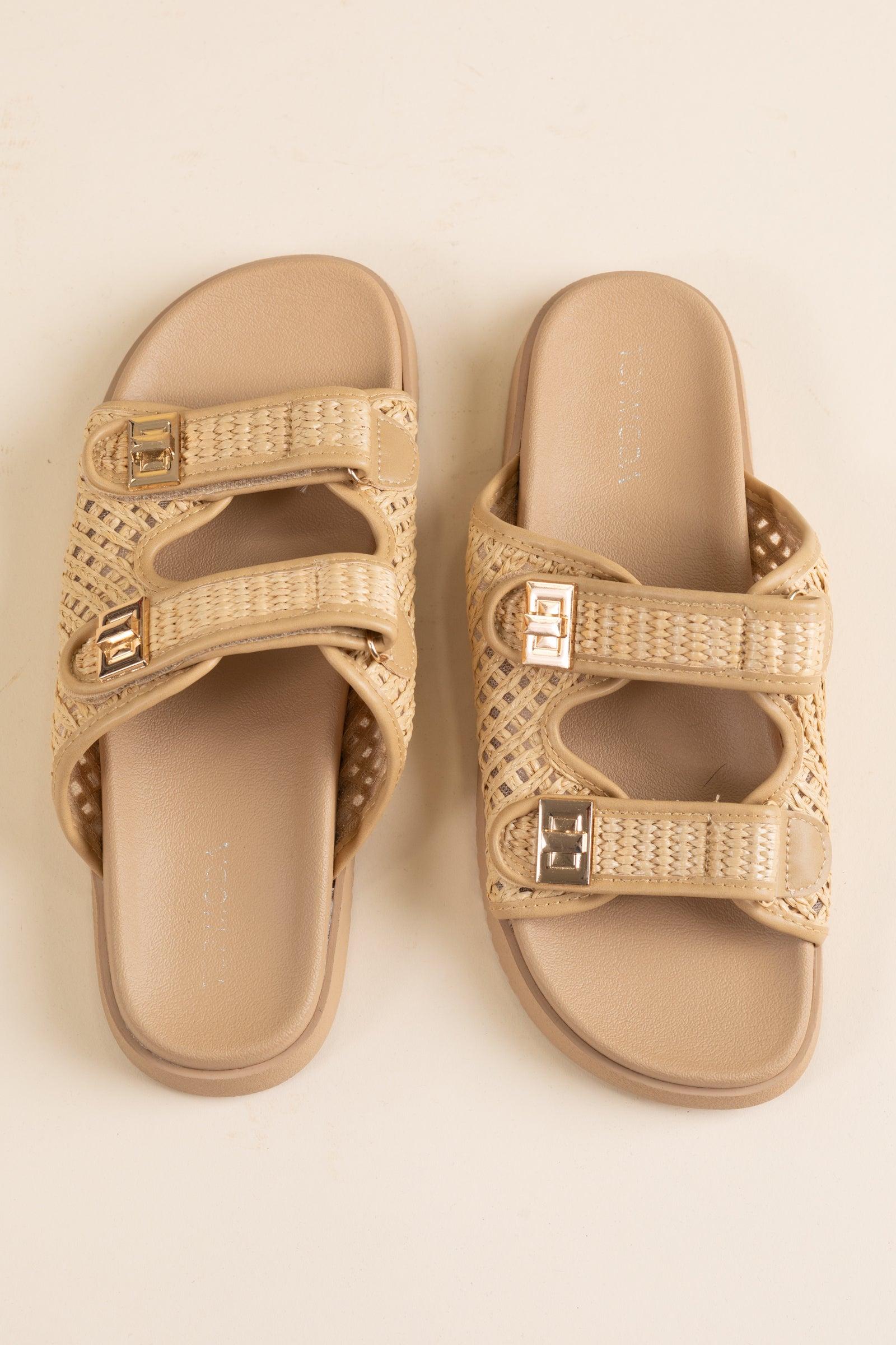 Buckled Strap Raffia Slip On Sandals Product Image