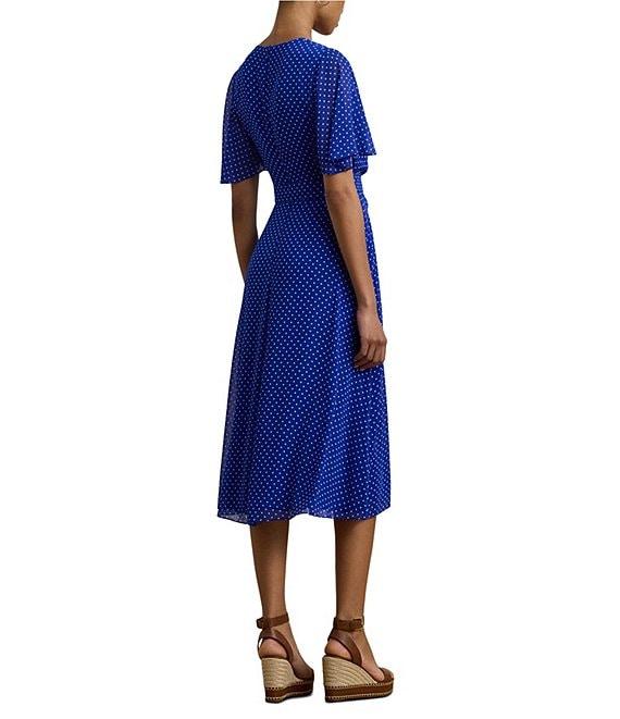 Lauren Ralph Lauren Polka Dotted Crinkle Georgette Surplice V-Neck Flutter Sleeve Faux Wrap Midi Dress Product Image