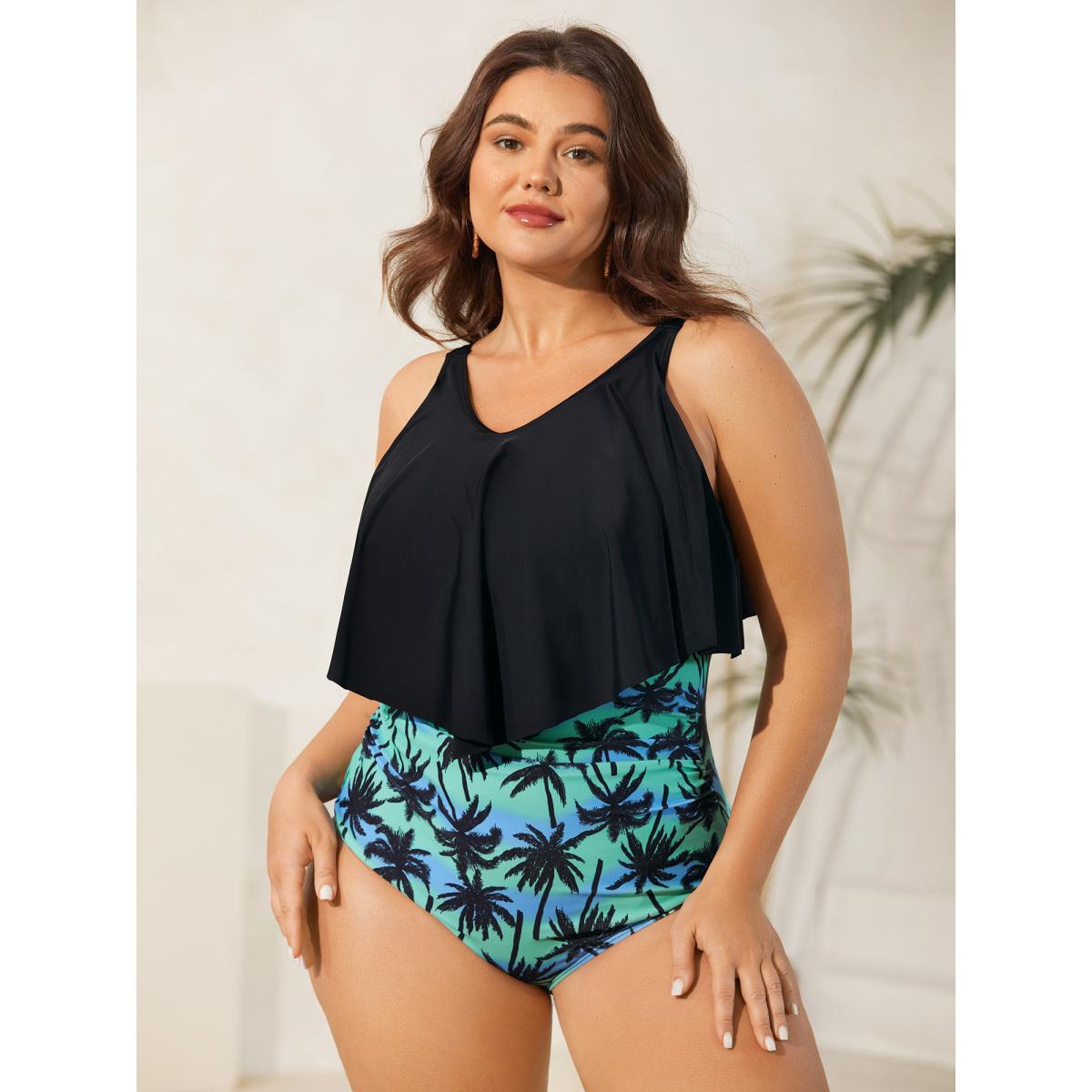 Plus Size Plain Tropical Pattern Layered One-Piece Swimsuit Women's Swimwear Black Beach Tiered Curve Bathing Suits High stretch One Pieces BloomChic 30/6X Product Image