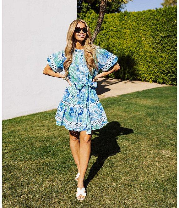 J.Marie Andie Floral Print Split Round Neck Short Puff Sleeve Belted Dress Product Image