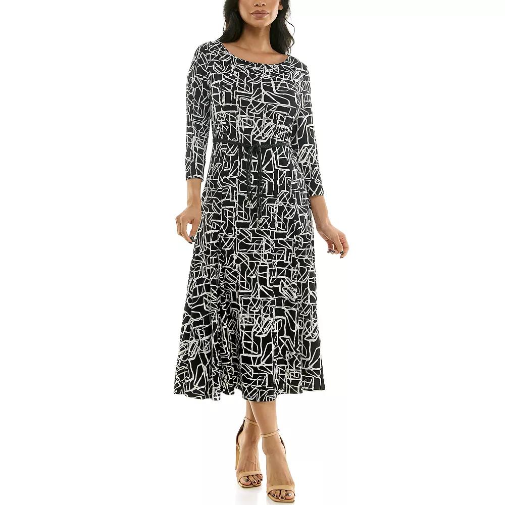 Women's Nina Leonard Sylvia Three-Quarter Sleeve Belted Midi Dress, Size: XL, Black White Combo Product Image