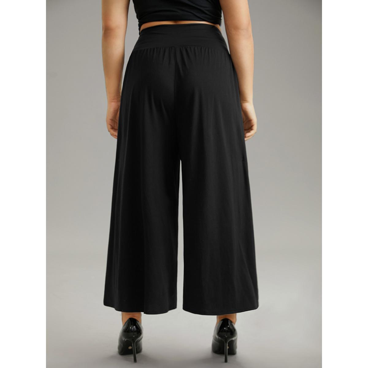 Plus Size Plain Wrap Hem Wideband Waist Wide Leg Pants Women Black Casual Wide Leg High Rise Dailywear Pants BloomChic 18-20/2X Product Image