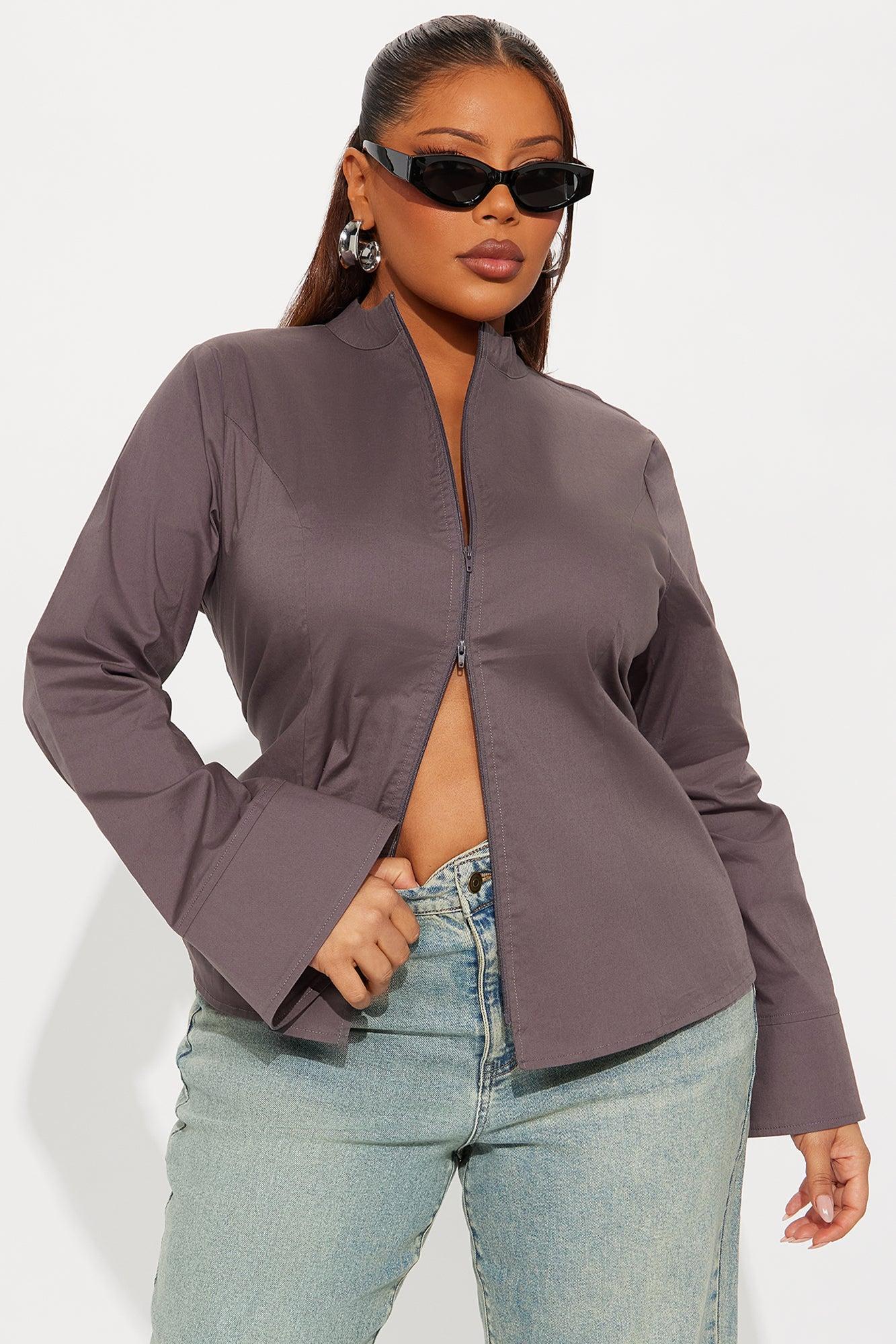 Kara Poplin Zip Up Shirt - Grey Female Product Image