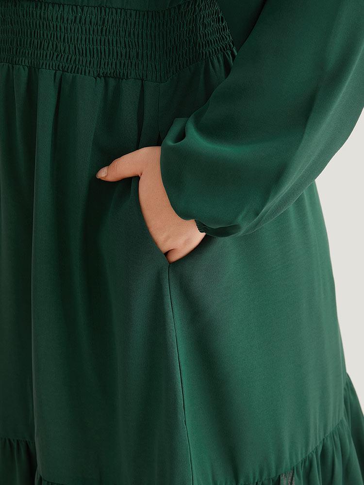 Solid Shirred Ruffle Trim Pleated Dress Female Product Image