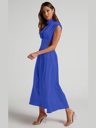 Cutout Mock Neck Sleeveless Ruched Dress Product Image