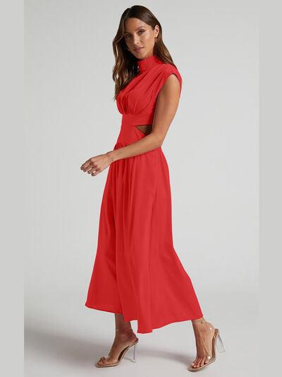 Cutout Mock Neck Sleeveless Ruched Dress Product Image