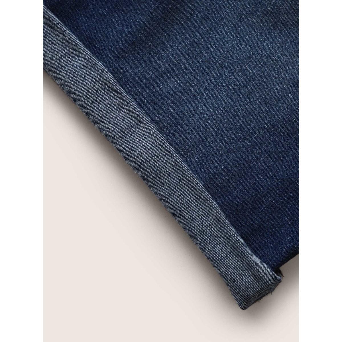 Plus Size Roll Hem Elastic Waist Drawstring Denim Shorts Women Indigo Drawstring High stretch Everyday Slanted pocket Casual Denim Shorts BloomChic 24/3X Product Image