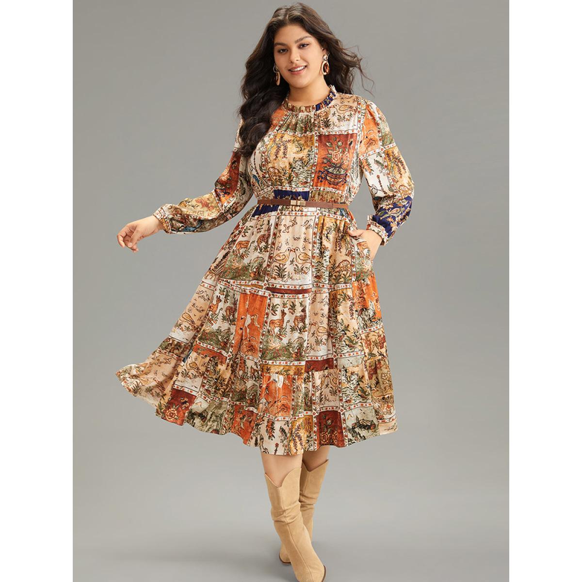 Plus Size Boho Print Stand Collar Pleated Lantern Sleeve Dress Chocolate Women Vacation Elastic cuffs Stand-up collar Long Sleeve Curvy Midi Dress BloomChic 10/M Product Image