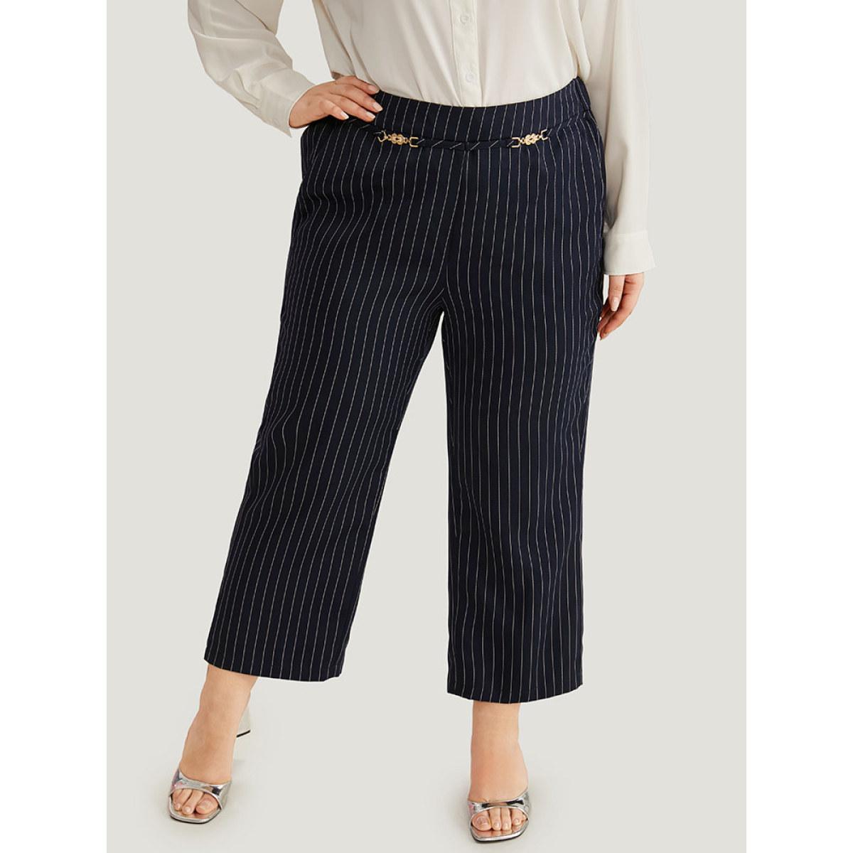 Plus Size Striped Mid Rise Buckle Detail Pants Women DarkBlue Office Straight Leg Mid Rise Work Pants BloomChic 22-24/3X Product Image