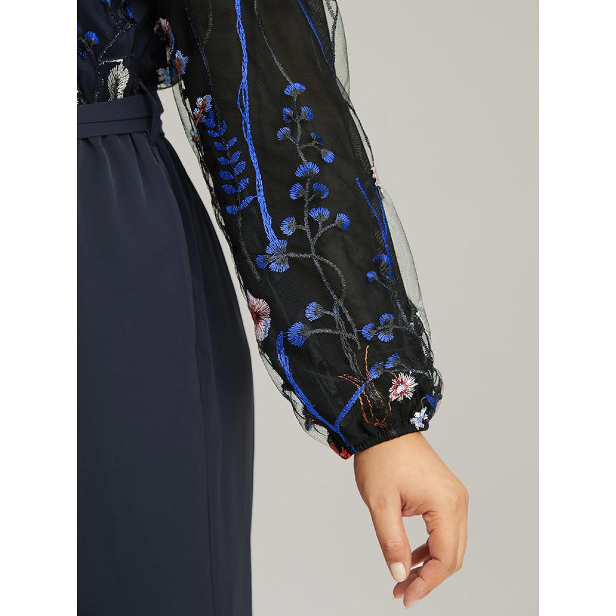Plus Size Indigo Halloween Floral Embroidered Belted Lantern Sleeve Jumpsuit Women Glamour Long Sleeve Round Neck Festival-Halloween Loose Jumpsuits BloomChic 26/4X Product Image