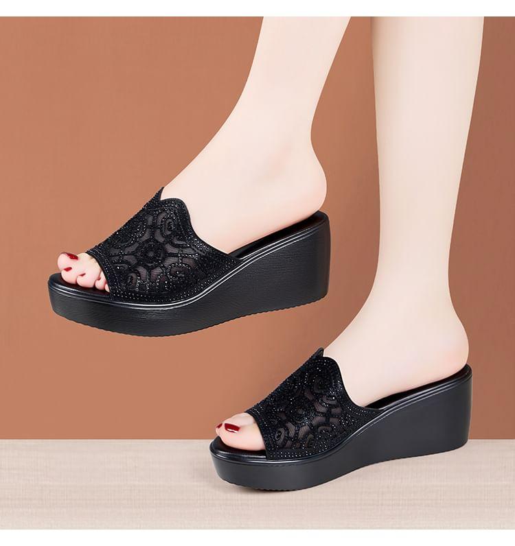 Platform Rhinestone Cutout Slide Sandals Product Image