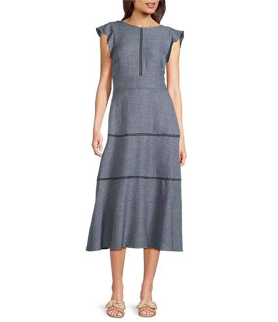 Calvin Klein Short Flutter Sleeve Crew Neck A-Line Midi Dress Product Image