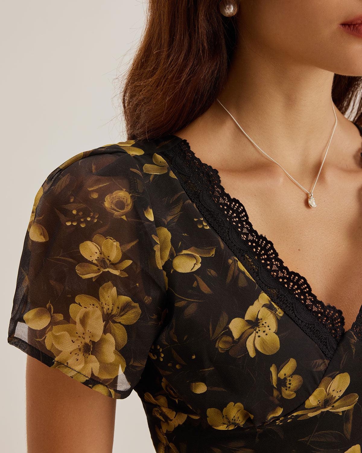 Black Floral Chiffon V Neck Maxi Dress Product Image