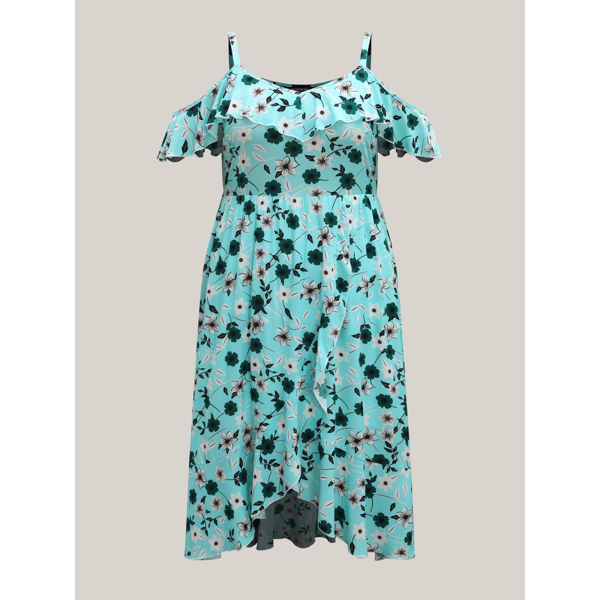 Plus Size Off-Shoulder Floral Print Adjustable Midi Dress Turquoise Women Non Sleeveless Curvy BloomChic 22-24/3X Product Image