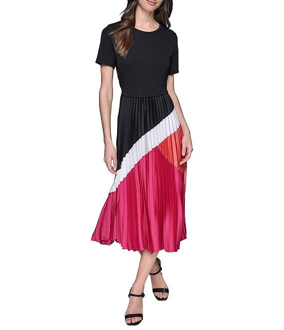 KARL LAGERFELD PARIS Jersey Satin Colorblock Print Crew Neck Short Sleeve Pleated Skirt Sheath Midi Dress Product Image