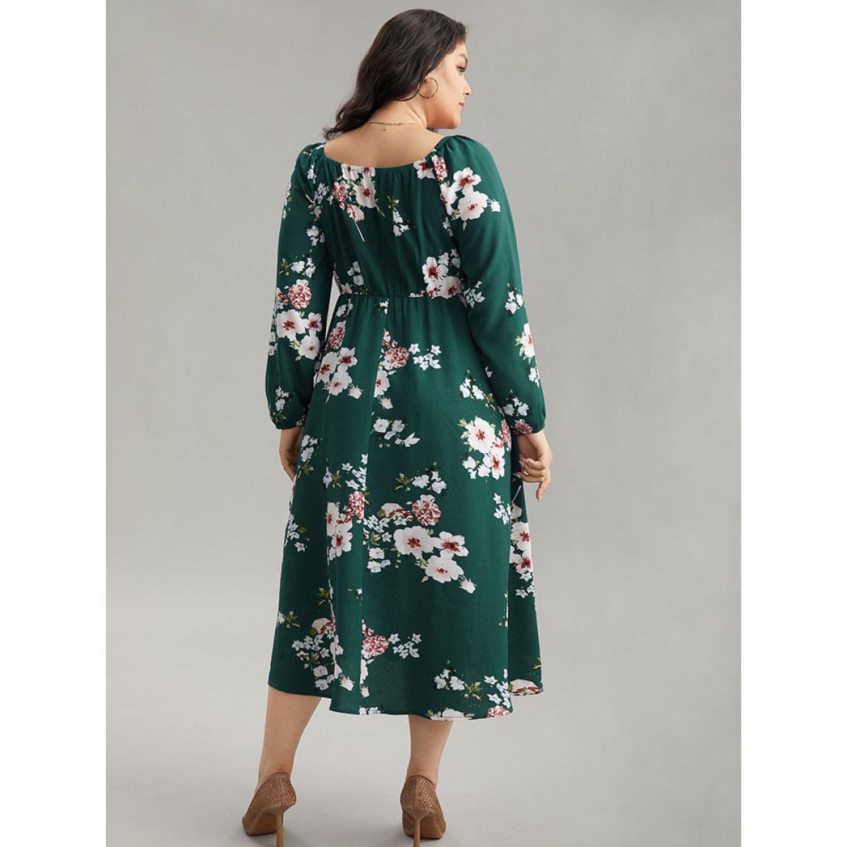 Plus Size Floral Print Split Hem Pocket Shirred Dress DarkGreen Women Elegant Elastic cuffs Square Neck Long Sleeve Curvy Midi Dress BloomChic 26/4X Product Image