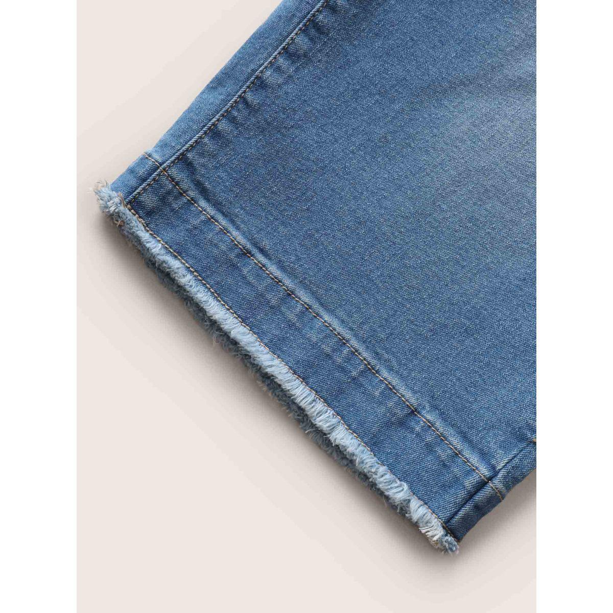 Plus Size High Rise Frayed Hem Light Wash Jeans Women LightBlue Casual High stretch Slanted pocket Jeans BloomChic 10/M Product Image