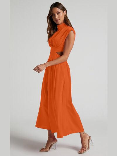 Cutout Mock Neck Sleeveless Ruched Dress Product Image