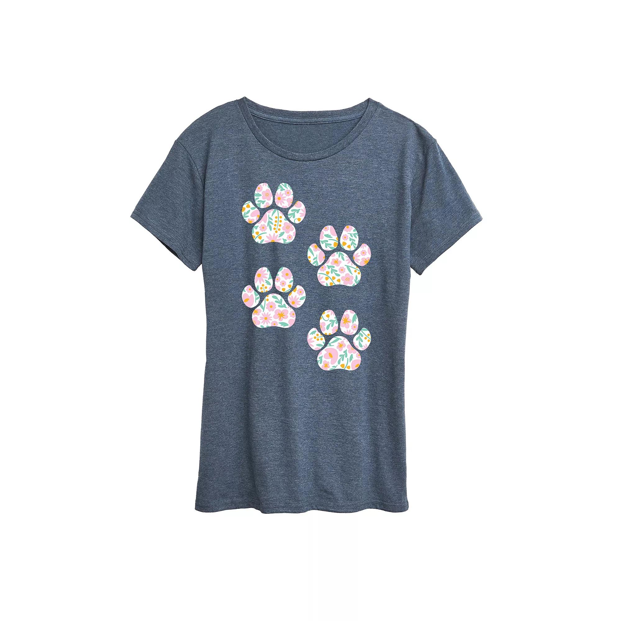 Women's Floral Dog Paw Prints Graphic Tee,  Product Image