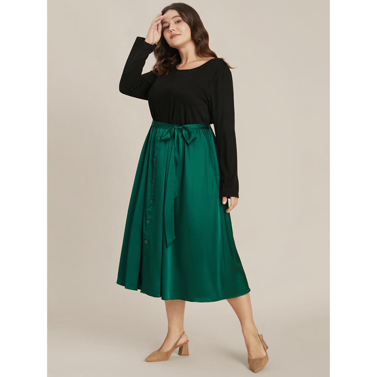 Plus Size Solid Round Neck Pocket Button Detail Belted Satin Dress DarkGreen Women Office Patchwork Round Neck Long Sleeve Curvy Midi Dress BloomChic 26/4X Product Image