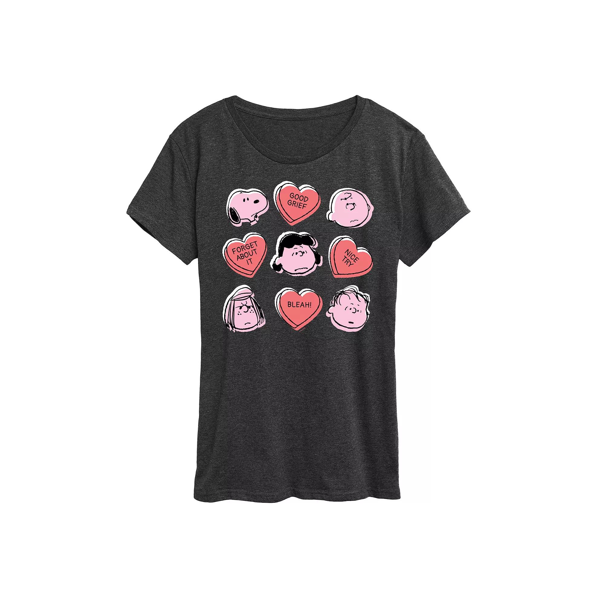 Women's Peanuts Valentine's Candy Heart Grid Graphic Tee,  Product Image