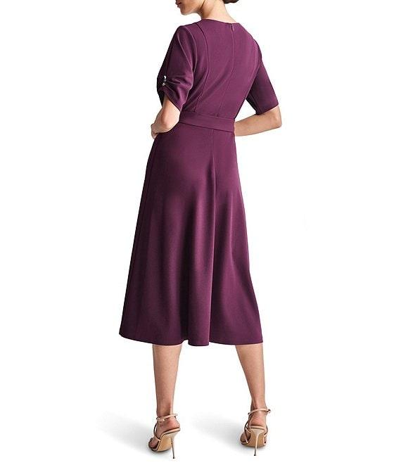 DKNY by Donna Karan Knit Round Neck Short Ruched Sleeve Tie Waist Midi Dress Product Image