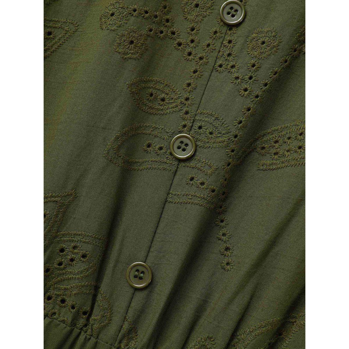 Plus Size Notched Broderie Anglaise Button Detail Dress ArmyGreen Women Elegant Button Notched collar Long Sleeve Curvy BloomChic 18-20/2X Product Image