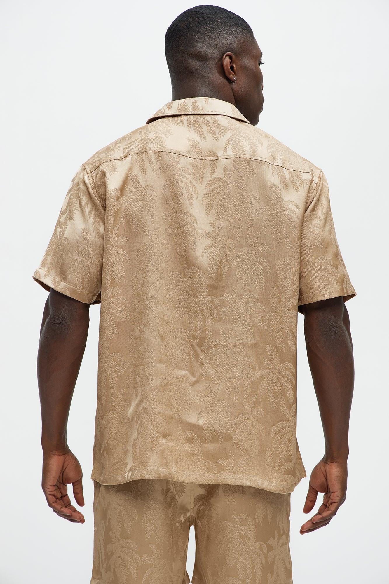 Palm Trees Jacquard Short Sleeve Button Up Shirt - Brown Product Image