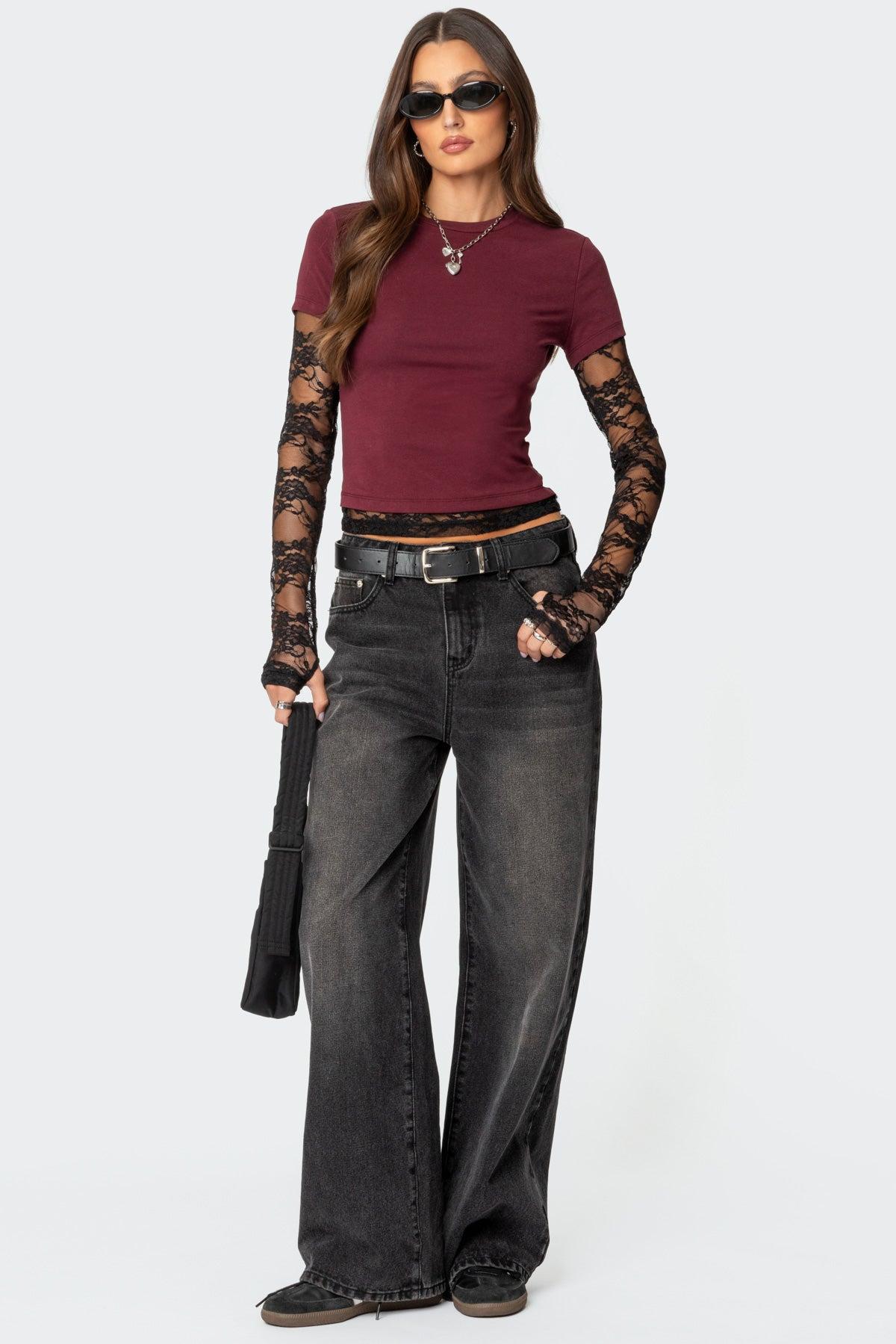 Layered Lace Sleeve T Shirt Product Image