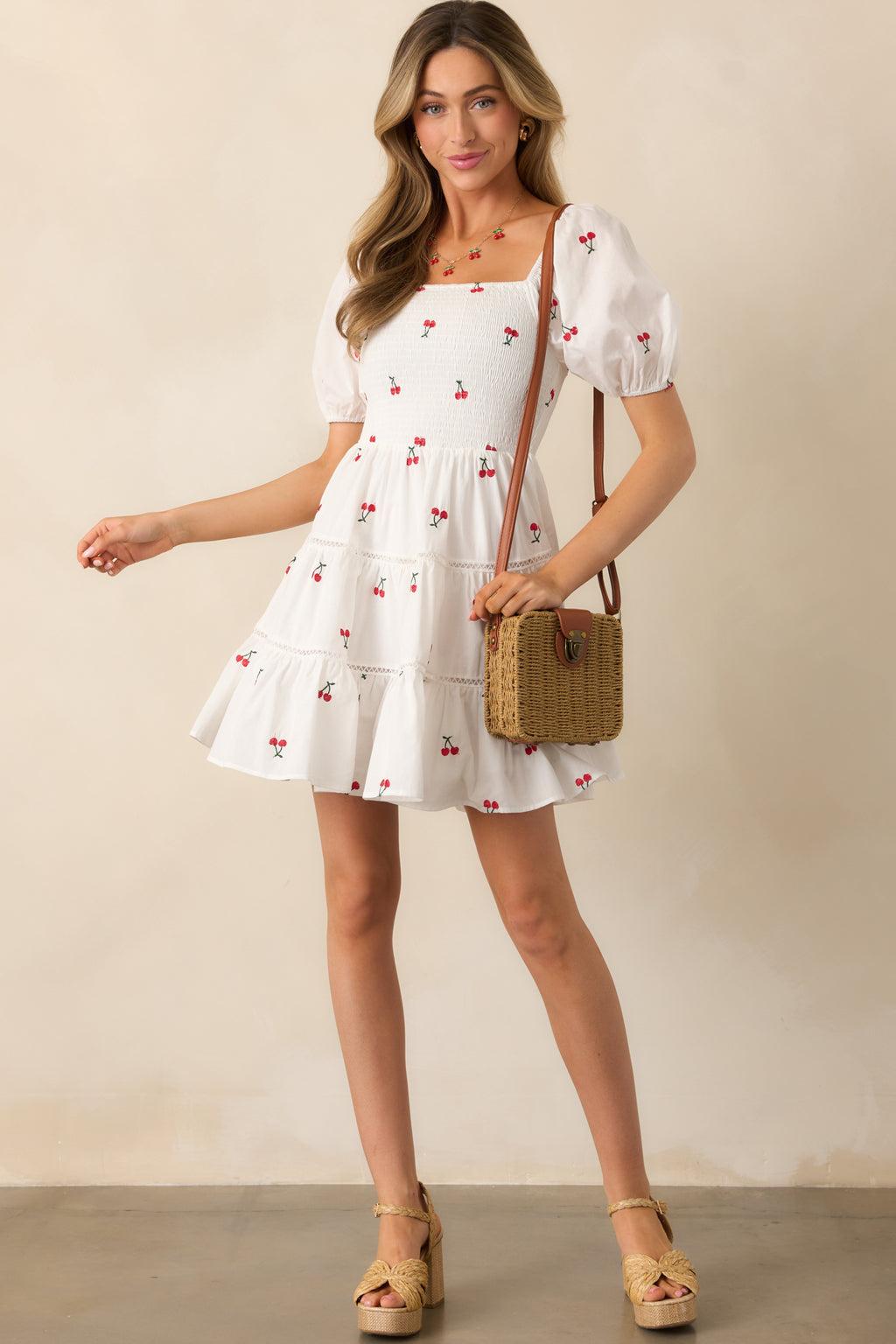 Spending Time White Cotton Cherry Embroidered Mini Dress Product Image