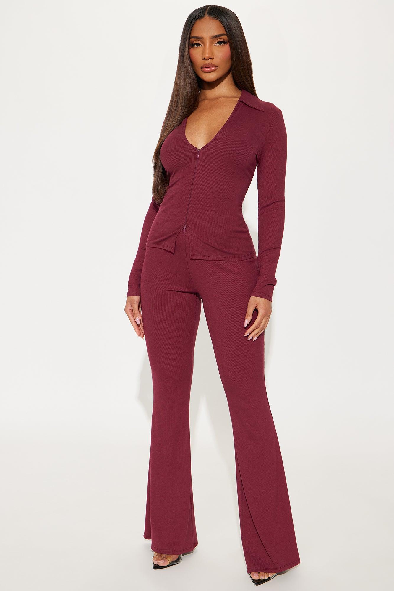 Marlen Ribbed Pant Set - Burgundy Product Image