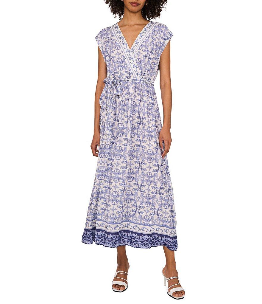 Vince Camuto Woven Printed V-Neck Cap Sleep Tie Front Maxi Wrap Dress Product Image