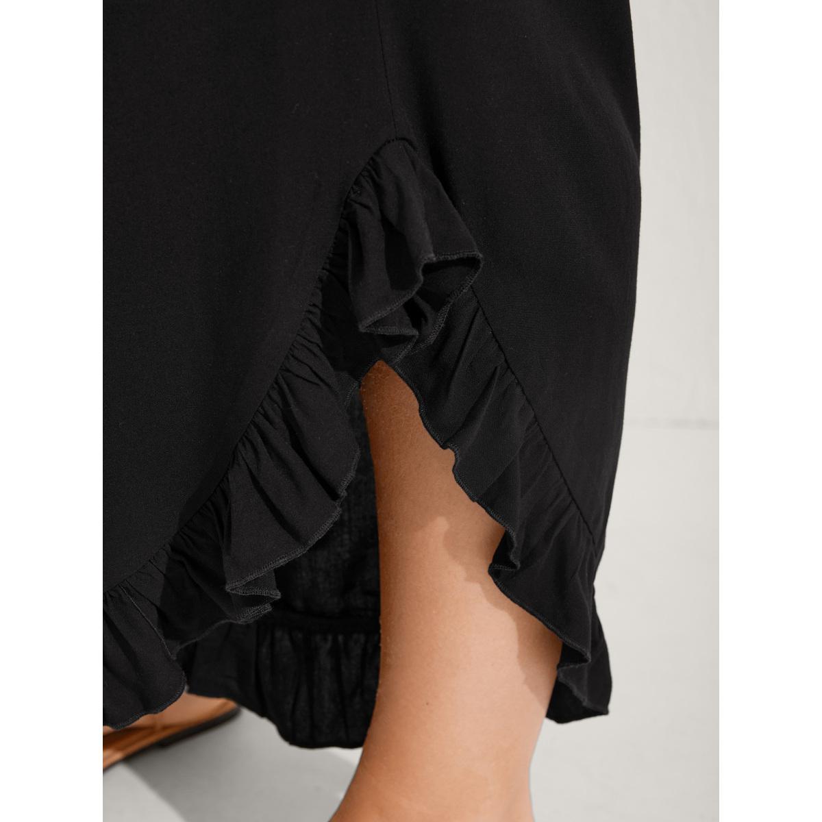 Plus Size Ruffled Curvy Hem Wide-Leg Pants Women Black Boho Wide Leg Mid Rise Vacation Pants BloomChic 12/L Product Image