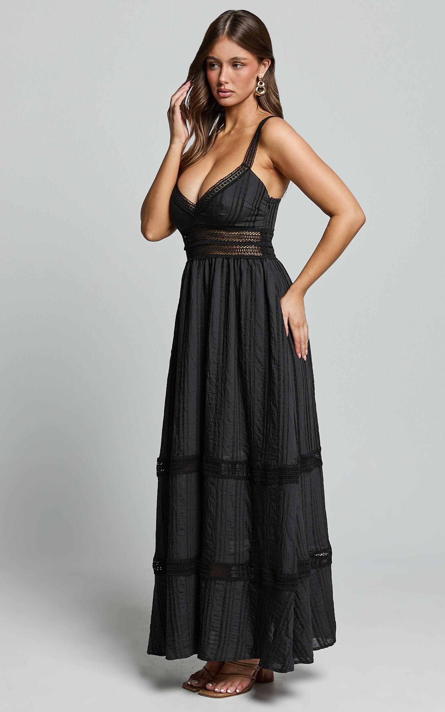 Angelique Maxi Dress - Lace Trim Dress in Black Product Image