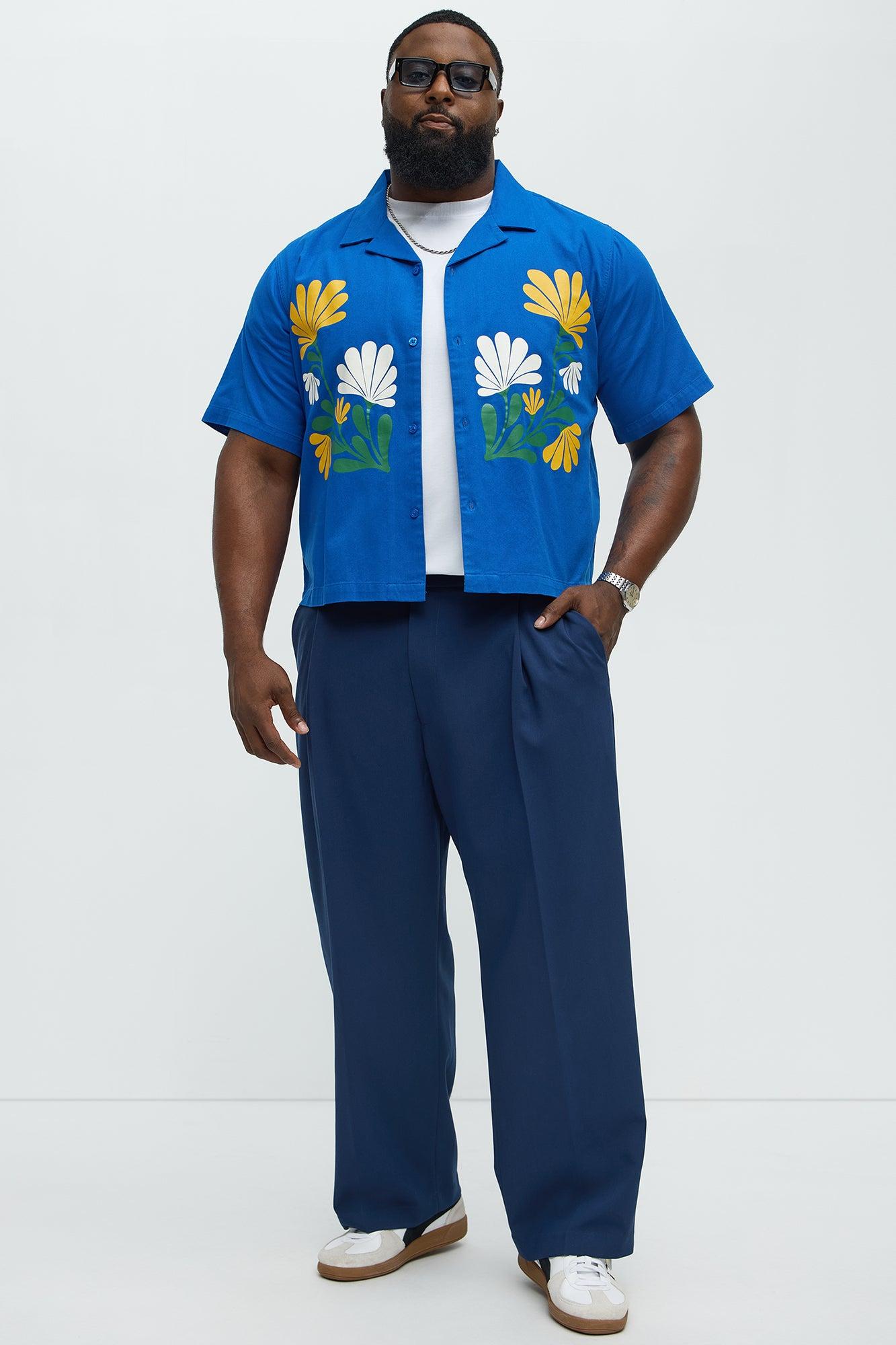 Botanical Garden Cropped Short Sleeve Button Up Shirts - Blue Product Image