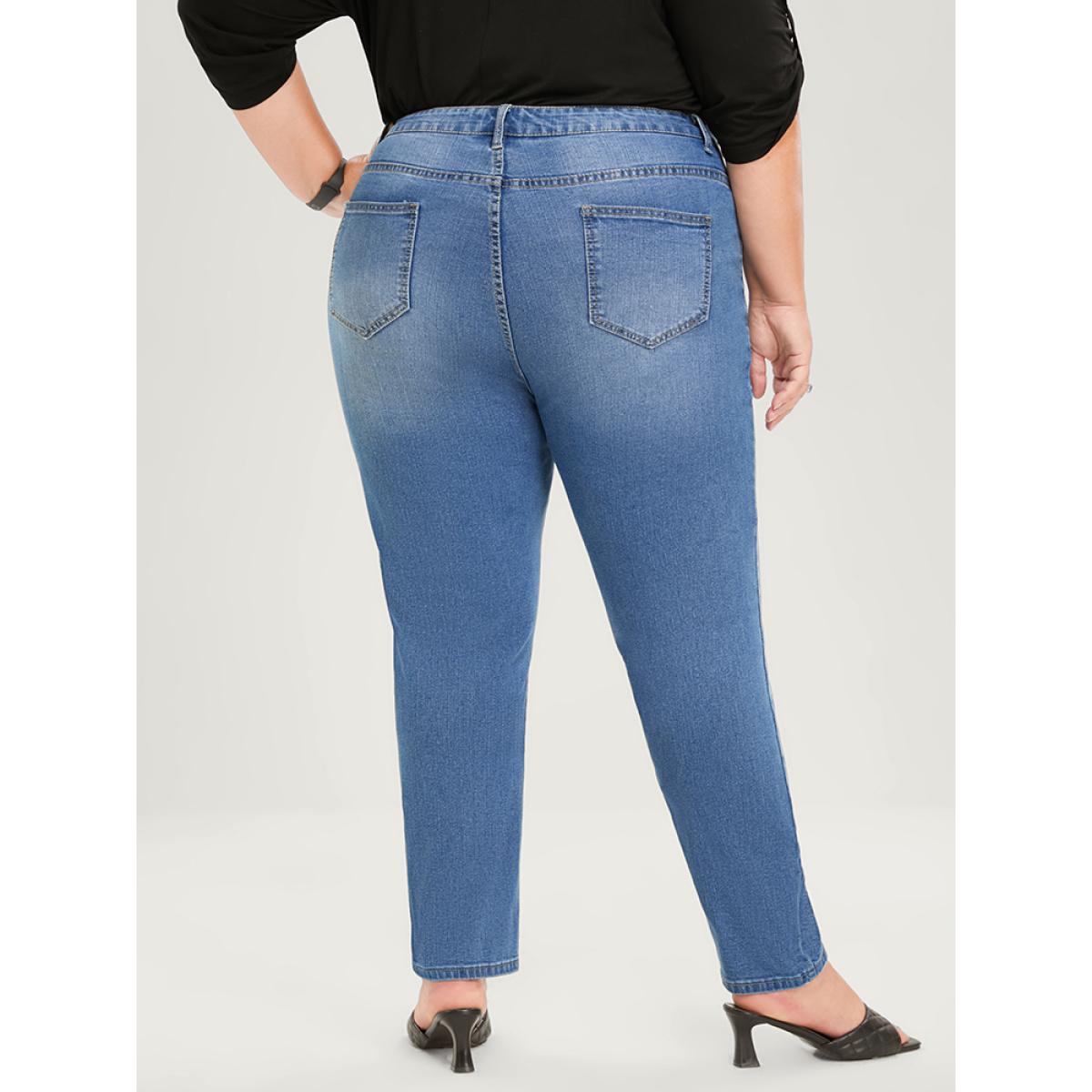Plus Size Skinny Very Stretchy High Rise Medium Wash Distressed Ankle Jeans Women Blue Casual Plain Plain High stretch Pocket Jeans BloomChic 30/6X Product Image