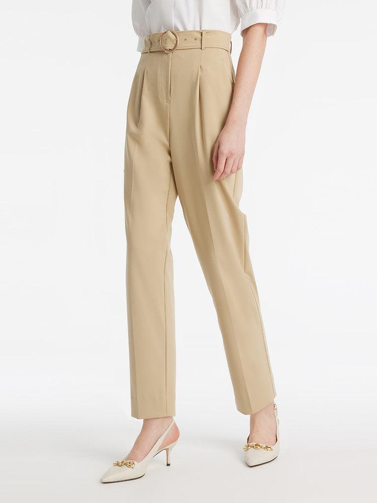 High-Waisted Ruched Tapered Women Pants With Belt Product Image
