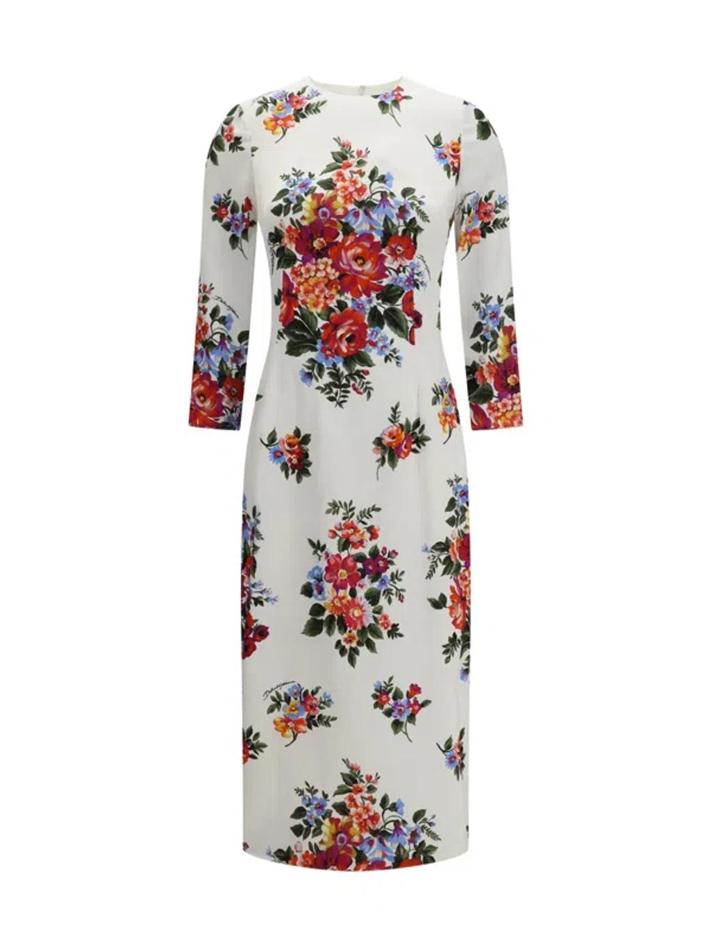 DOLCE & GABBANA Abito Midi Bianco Con Stampa Floreale Dolce E Gabbana In White Product Image