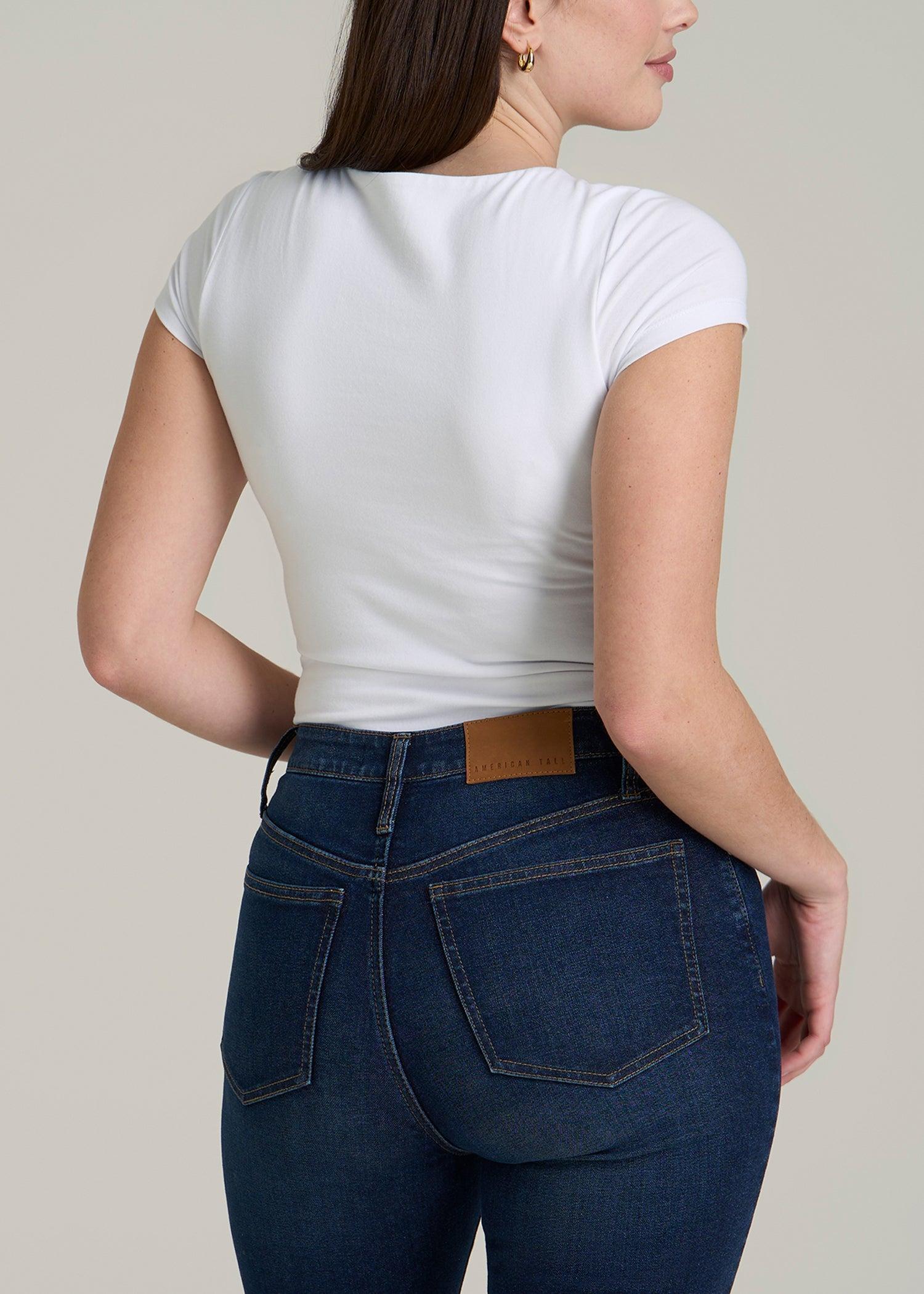 Cotton Blend Short Sleeve Square Neck Bodysuit for Tall Women in White Female Product Image