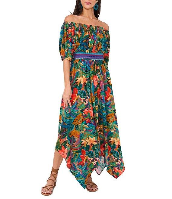 Vince Camuto Woven Off-The-Shoulder Bubble Sleeve Smocked Embroidered Blouson Maxi Dress Product Image